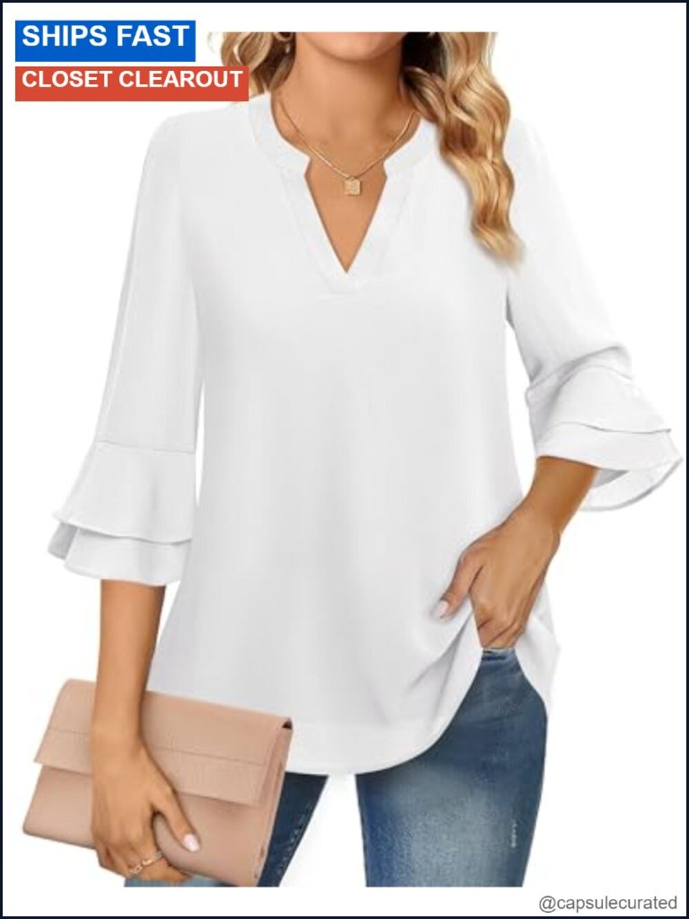 Women's Chiffon 3/4 Bell Sleeve Blouse Notch V-Neck Long Tunic Dressy Casual